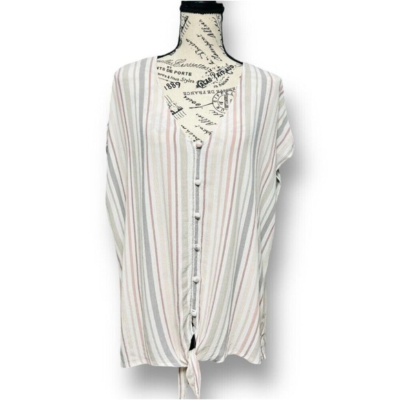 Torrid 2X Beige Pink Stripe Button Front Tie Hem Blouse Boho Cottagecore Preppy - Picture 4 of 9
